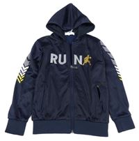 Tmavomodrá prepínaci športová mikina s nápisom a kapucňou