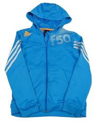 Světlemodro-bílá propínací sportovní mikina s logem a kapucí Adidas
