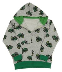 Sivo-zelená prepínaci mikina s traktormi a kapucňou