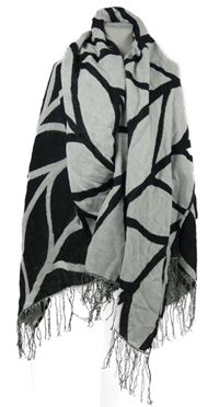 Dámský šedo-černý vzorovaný svetrový pléd s třásněmi