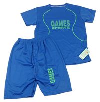 2set- modré sportovní tričko s nápisem+ kraťasy