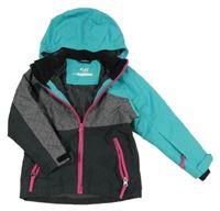 Tyrkysovo-tmavošedá šusťáková lyžařská bunda s kapucí Crane