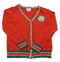 Červený propínací svetr s proužky a nášivkou 