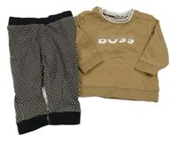 2set- hnědá mikina s nápisem+ černé vzorované lehké tepláky