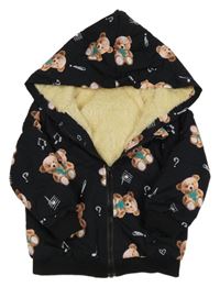 Čierna šušťáková zateplená bunda s medveďmi a kapucňou