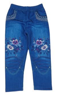 Modré legíny riflového vzhledu s kvetinami