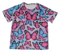 Růžovo-modré elastické tričko s motýly