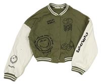Kaki-biela baseballová crop mikina so smajlíkmi H&M