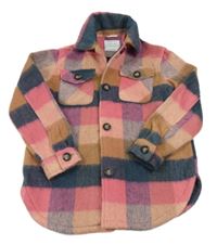 Růžovo-tmavomodro-béžová kostkovaná flaušová košilová bunda Primark