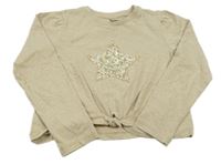 Béžové crop tričko s flitrami a uzlom Tu