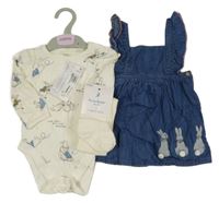 Nové - 3 set - Biele body s králíčky + tmavomodré rifľové na traké šaty s králíčky + smotanové pančuchy M&S
