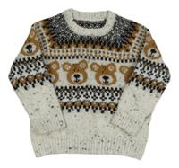 Bielo-béžovo-čierny vzorovaný sveter s medvedíkmi Dunnes