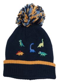 Tmavomodrá žebrovaná pletená čepice s dinosaury 