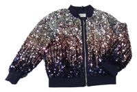 Tmavomodro-ružovo-strieborná flitrová jesenná bunda H&M