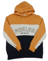 Tmavomodro-bílo-oranžová mikina s nápisy a kapucí H&M