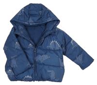 Tmavomodrá prošívaná šusťáková zimní bunda s dinosaury a kapucí St. Bernard