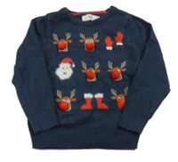 Tmavomodrý melírovaný vianočný sveter so sobmi a Santou C&A