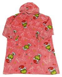 Jahodové plyšové domácí vánoční šaty s Grinchem a kapsou a kapucí 