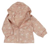 Světlerůžová šusťáková jarní bunda s ptáčky a odepínací kapucí H&M