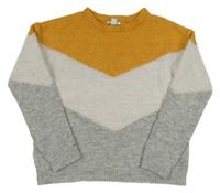 Hořčicovo-bielo-sivý melírovaný sveter PRIMARK