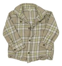 Béžovo-bielo-zeleno-čierna kockovaná košeľová bunda s nápismi a palmami RIVER ISLAND