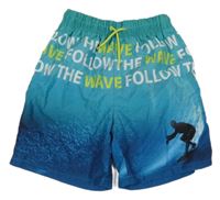 Modrozeleno-petrolejové plážové kraťasy s nápisy a surfařem