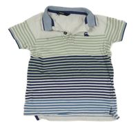 Bielo-tmavomodro-modro-olivové pruhované polo tričko s dinosaurom George