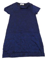 Tmavomodro-trblietavě zafírové melírované svetrové šaty s mašlou H&M