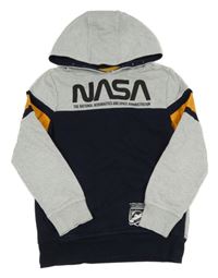 Tmavomdro-šedá/melírovaná mikina s nápisem - NASA a raketou a vreckom a kapucňou C&A