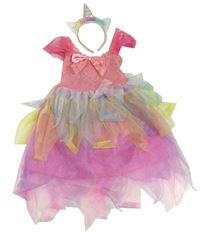 Kostým - 2set - Růžovo-barevné s tylovou sukní a mašlí + čelenka s rohem