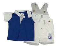 2set - Bílo-pruhované plátěné laclové kraťasy s nášivkami + modré polo tričko C&A