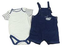 2set - Tmavomodré teplákové riflové laclové kraťasy s velrybou + bílo-světlemodré pruhované body Next
