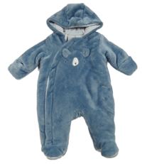Modrá chlupatá zateplená kombinéza s medvědem a kapucí Mothercare