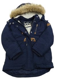 Tmavomodrá šušťáková zimná parka s kapucňou s kožešinou Topolino