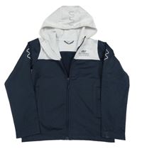 Tmavomodro-bílá sportovní propínací mikina s nápisem a kapucí