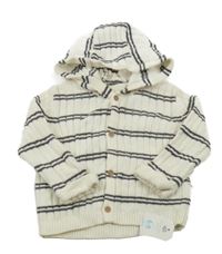 Nové - Smetanovo-antracitový pruhovaný žebrovaný propínací svetr s kapucí Primark