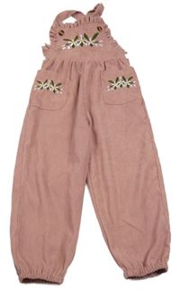 Staroružové rebrované na traké nohavice s výšivkami květin Shein