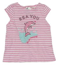 Bielo-ružové pruhované tričko s delfínom H&M