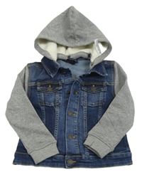 Modro-sivá rifľová bunda s teplákovymi rukávy a kapucňou H&M