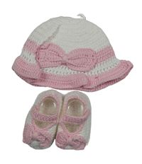 Nové - bílo-růžový háčkovaný klobouk + háčkované capáčky s mašlí 