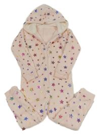 Světlerůžová chlupatá kombinéza s hvězdičkami a kapucí Nutmeg