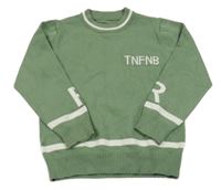 Zelený ľahký sveter s bielým pruhom a nápisom