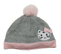 Sivo-ružová pletená čapica s mačkou a brmbolcom