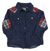 Tmavomodrá lehká riflová košile s kostkovanými nášivkami