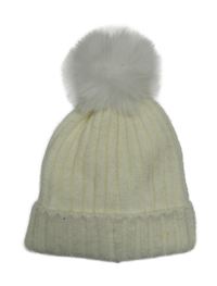 Smetanová pletená zateplená čepice s bambulí 