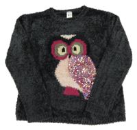 Antracitový chlupatý svetr se sovou C&A
