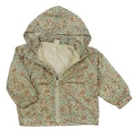 Zeleno-béžová květovaná šusťáková jarní bunda s kapucí H&M