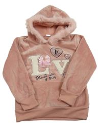 Ružová plyšová mikina s nápisom a kapucňou s kožešinou