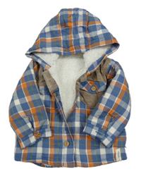 Modro oranžová kockovaná zateplená košeľová bunda s kapucňou Mothercare