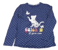 Tmavomodré květované triko s kočičkou Kids